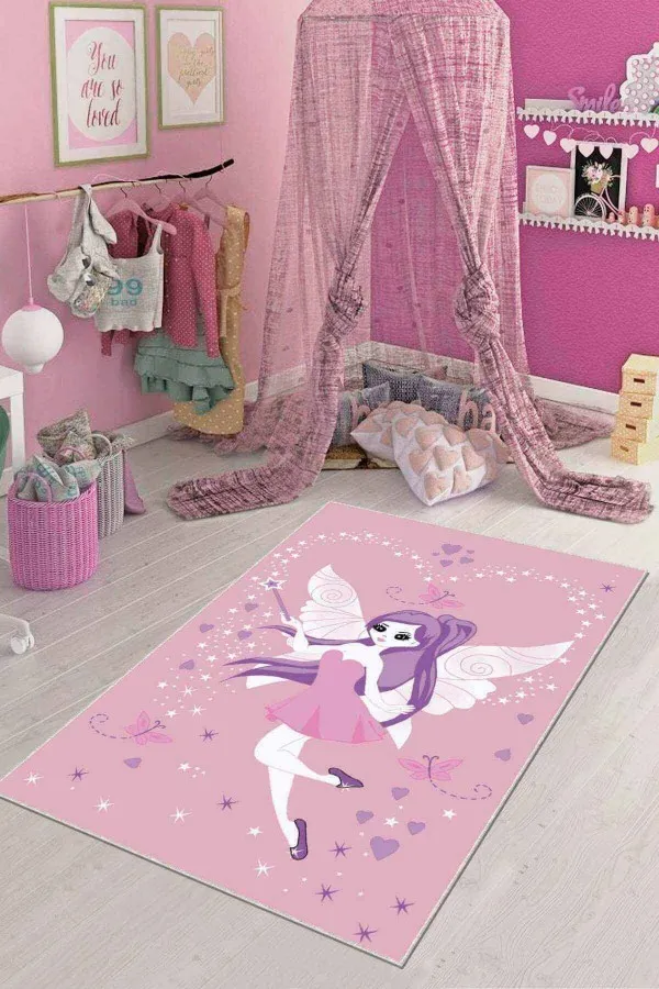 Çoçuk Odası Halı Modelleri Ve Fiyatları Pembe Kaymaz Tabanlı Yıkanabilir Prensesli Çocuk Halısı KD67