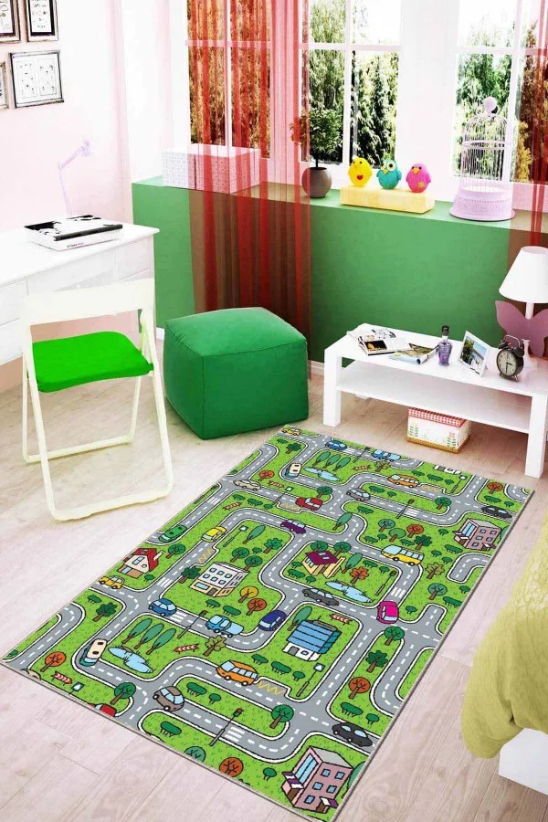 Yıkanabilir Çoçuk Odası Halı Modelleri Yeşil Kaymaz Tabanlı Otoyollu Oyun Halısı Çocuk Halısı KD89
