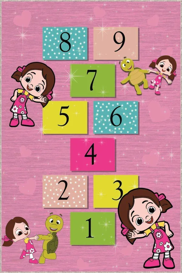 Cocuk Odasi İcin Hali Pembe Kaymaz Tabanlı Seksekli Niloya Çocuk Halısı KD93