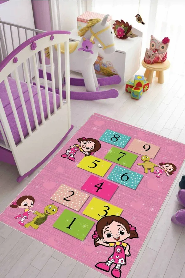Cocuk Odasi İcin Hali Pembe Kaymaz Tabanlı Seksekli Niloya Çocuk Halısı KD93