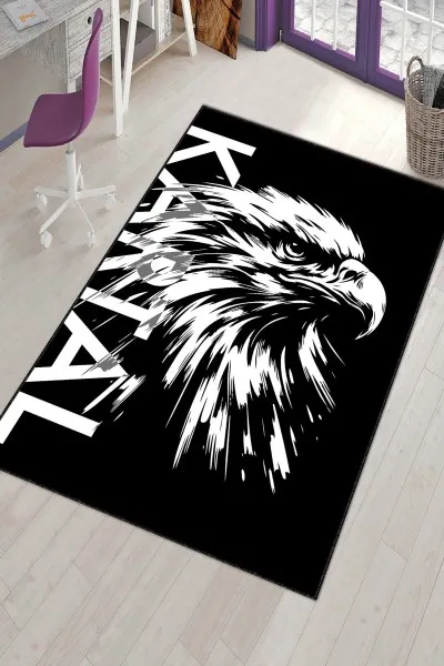 Siyah Ve Beyaz Kaymaz Tabanlı Kartal Taraftar Halısı VH137