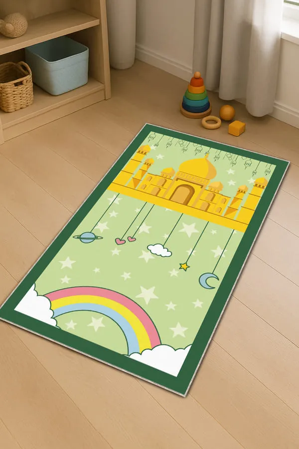 Çocuk Seccade Seti Açık Yeşil Cami Temalı Unisex Çocuk Seccadesi CS31