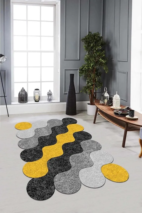 Lazer Kesim Yuvarlak Halı Sarı Daire Desenli Kaymaz Tabanlı Lazer Kesim Halı LZ25