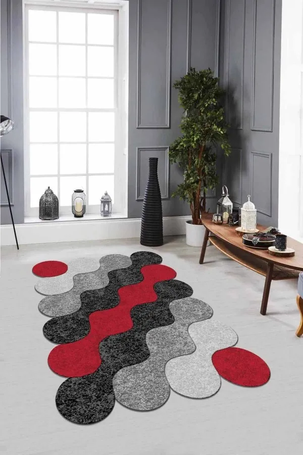 Dekoratif Lazer Kesim Halı Kırmızı Daire Desenli Kaymaz Taban Lazer Kesim Halı LZ27
