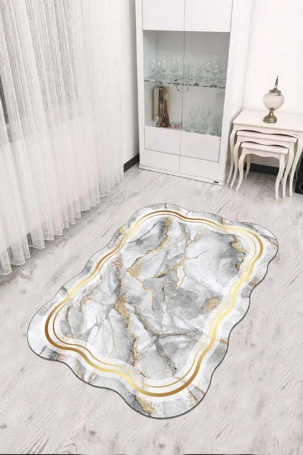 Lazer Kesim Yolluk Halı Gri Gold Çerçeveli Kaymaz Tabanlı Lazer Kesim Halı RV305