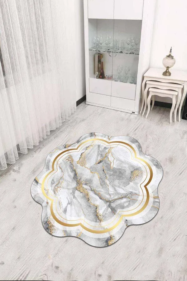 Yolluk Lazer Kesim Gri Gold Çerçeveli Kaymaz Tabanlı Lazer Kesim Halı RV306