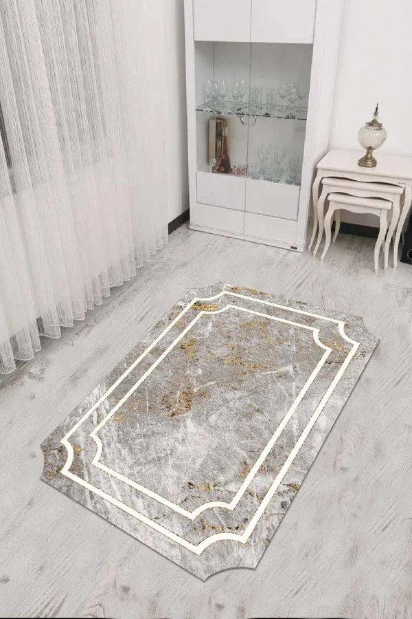 Gri Gold Çerçeveli Kaymaz Tabanlı Lazer Kesim Halı RV311