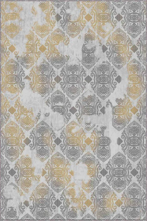 Gri Sarı Halı Modelleri Sarı Damask Desen Kaymaz Tabanlı Dekoratif Halı AL003