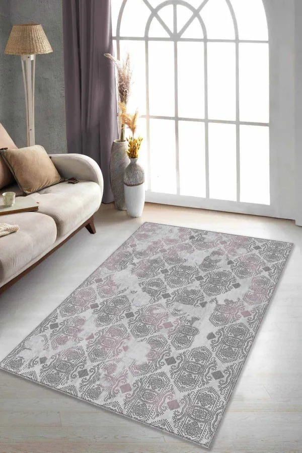 Pembe Damask Desen Kaymaz Tabanlı Dekoratif Halı AL004
