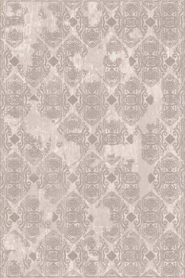 Bej Damask Desen Kaymaz Tabanlı Dekoratif Halı AL005