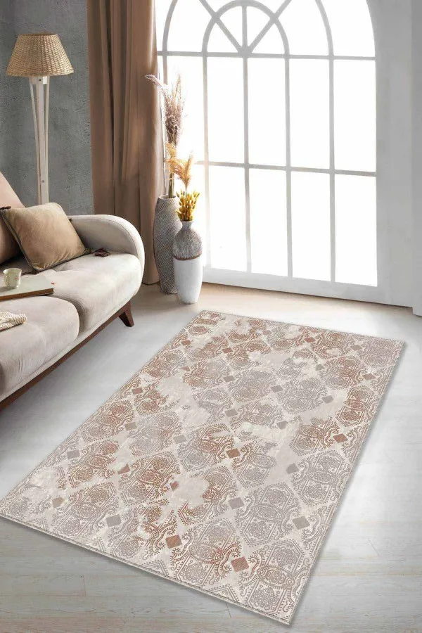 Turuncu Koltuğa Uygun Halı Tarçın Damask Desen Kaymaz Tabanlı Dekoratif Halı AL006