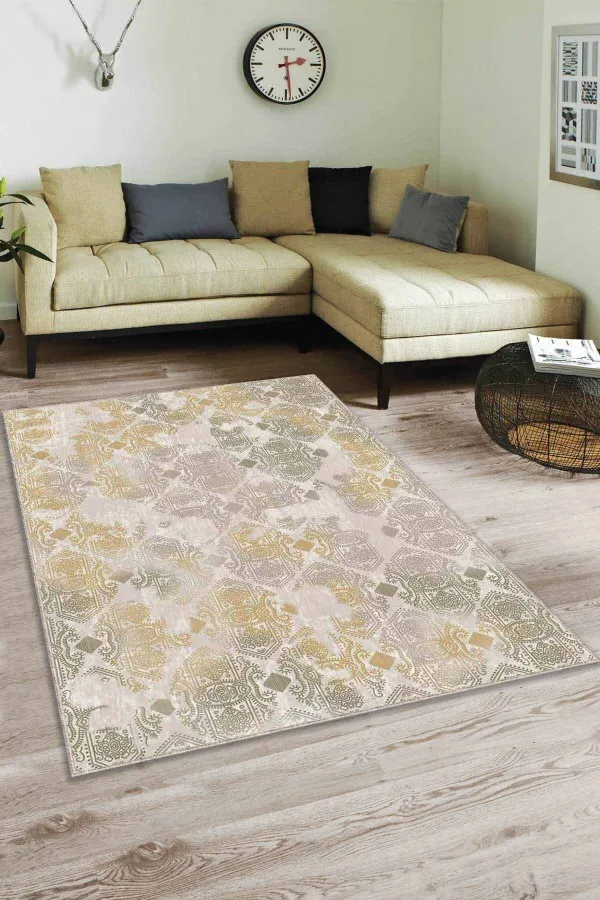 Yeşil Sarı Damask Desen Kaymaz Tabanlı Dekoratif Halı AL008