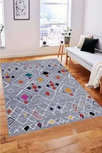 Gri Etnik Kaymaz Tabanlı Makinede Yıkanabilir Halı AR223 Gri Etnik Kaymaz Tabanlı Makinede Yıkanabilir Halı AR223