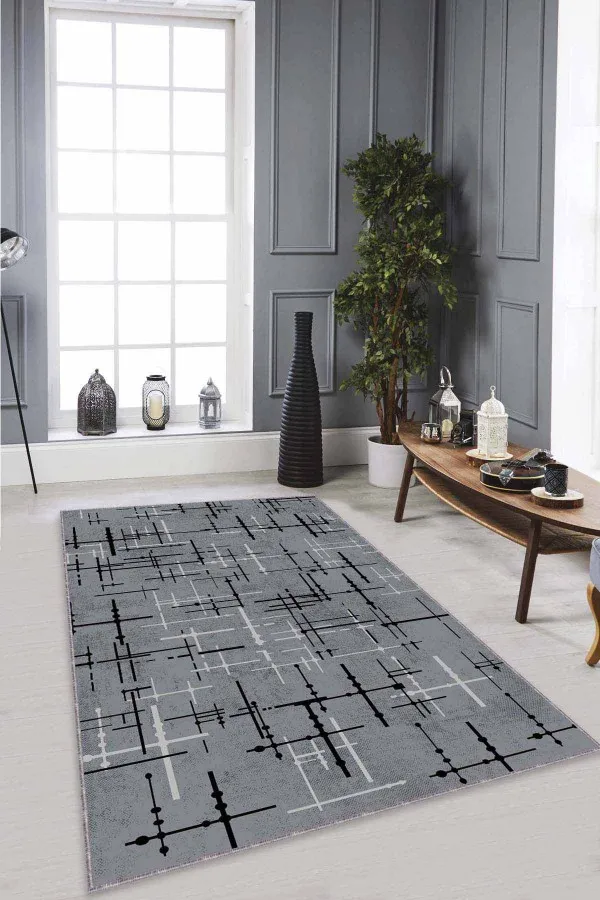 Gri Zemine Uygun Halı Gri Vintage Kaymaz Tabanlı Makinede Yıkanabilir Halı AR479
