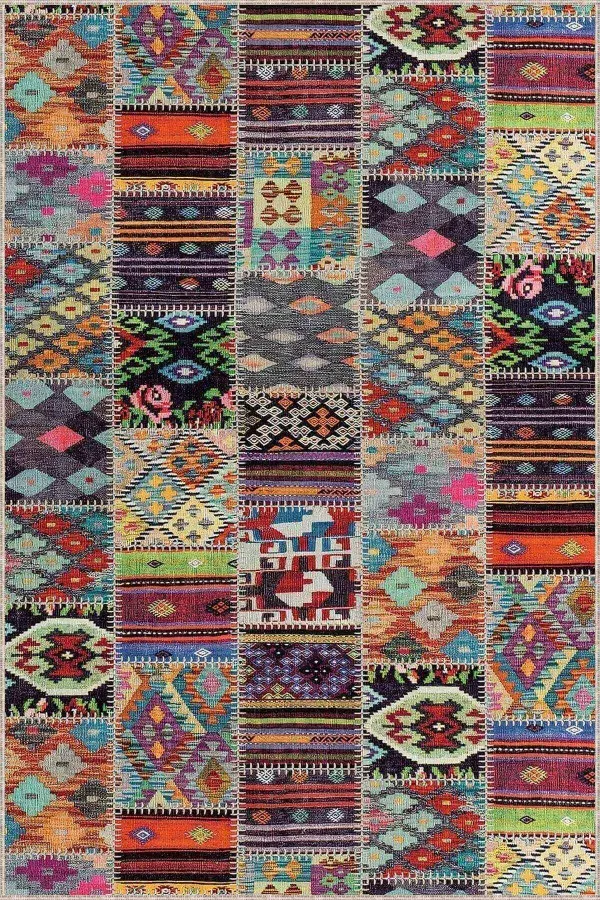 Patchwork Yolluk Halı Çok Renkli Patchwork Kaymaz Tabanlı Dekoratif Halı AR749