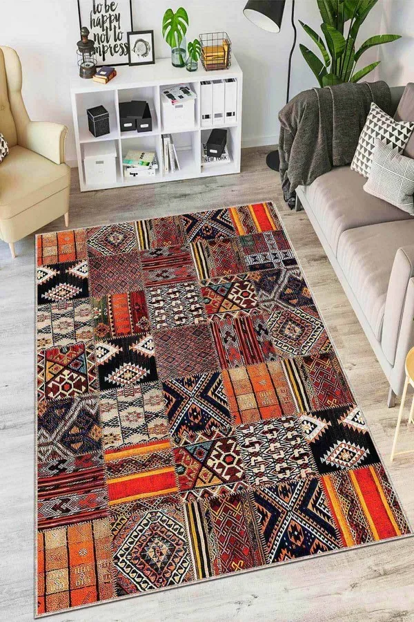 Patchwork Yolluk Modelleri Turuncu Patchwork Kaymaz Tabanlı Dekoratif Halı AR750