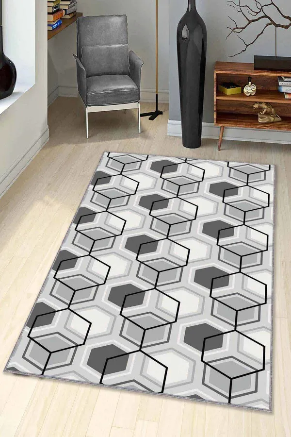 Gri Zemine Uygun Halı Gri Petek Kaymaz Tabanlı Makinede Yıkanabilir Halı BE03