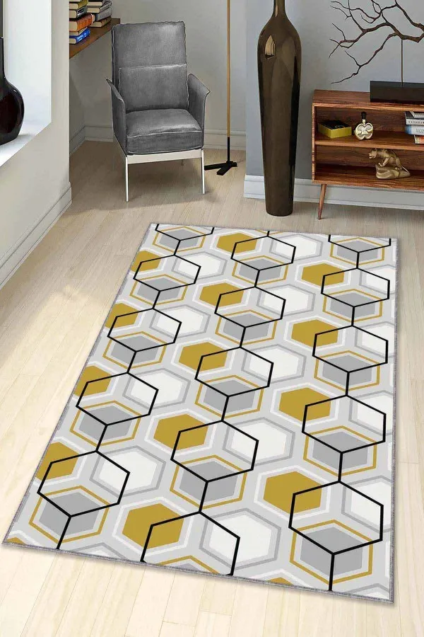Gri Sarı Halı Modelleri Sarı Petek Kaymaz Tabanlı Makinede Yıkanabilir Halı BE07