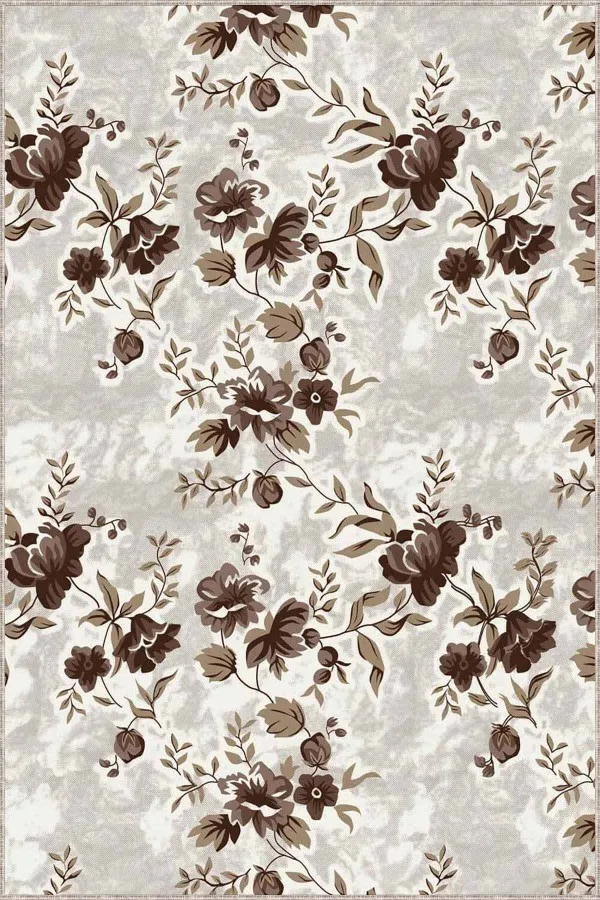 Kahverengi Parkeye Uygun Halı Kahverengi Çiçekli Kaymaz Tabanlı Dekoratif Halı BH004