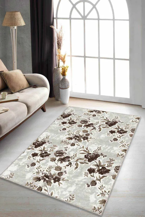 Kahverengi Parkeye Uygun Halı Kahverengi Çiçekli Kaymaz Tabanlı Dekoratif Halı BH004