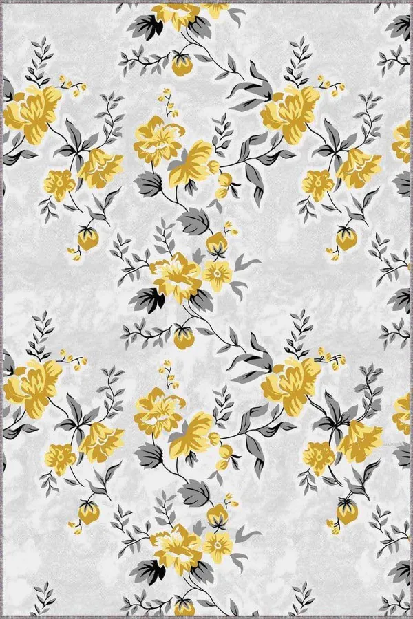 Gri Sarı Halı Modelleri Sarı Çiçekli Kaymaz Tabanlı Makinede Yıkanabilir Halı BH006