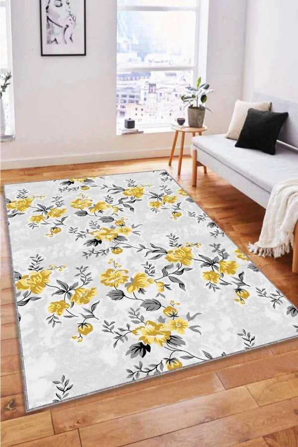 Gri Sarı Halı Modelleri Sarı Çiçekli Kaymaz Tabanlı Makinede Yıkanabilir Halı BH006