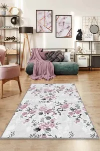 Pembe Çiçekli Kaymaz Tabanlı Makinede Yıkanabilir Halı BH007 Pembe Çiçekli Kaymaz Tabanlı Makinede Yıkanabilir Halı BH007