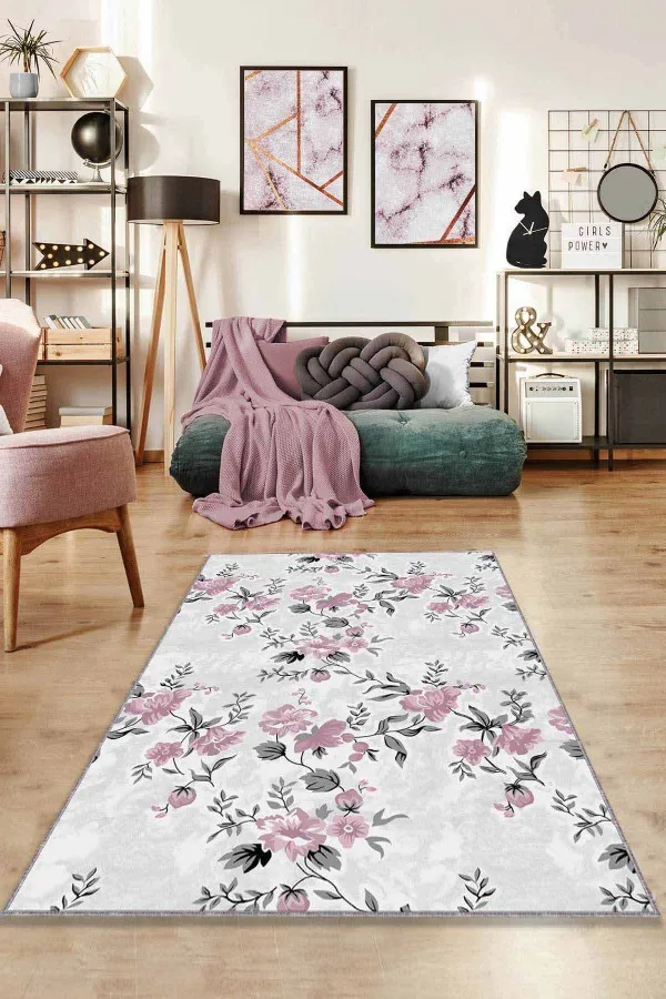 Pudra Rengi Koltuğa Uygun Halı Pembe Çiçekli Kaymaz Tabanlı Makinede Yıkanabilir Halı BH007