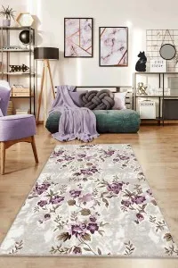 Mürdüm Çiçekli Kaymaz Tabanlı Makinede Yıkanabilir Halı BH05 Mürdüm Çiçekli Kaymaz Tabanlı Makinede Yıkanabilir Halı BH05