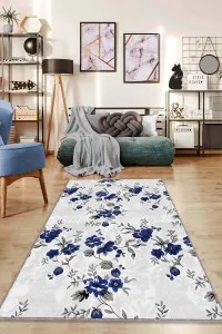 Lacivert Çiçekli Kaymaz Taban Makinede Yıkanabilir Halı BH08