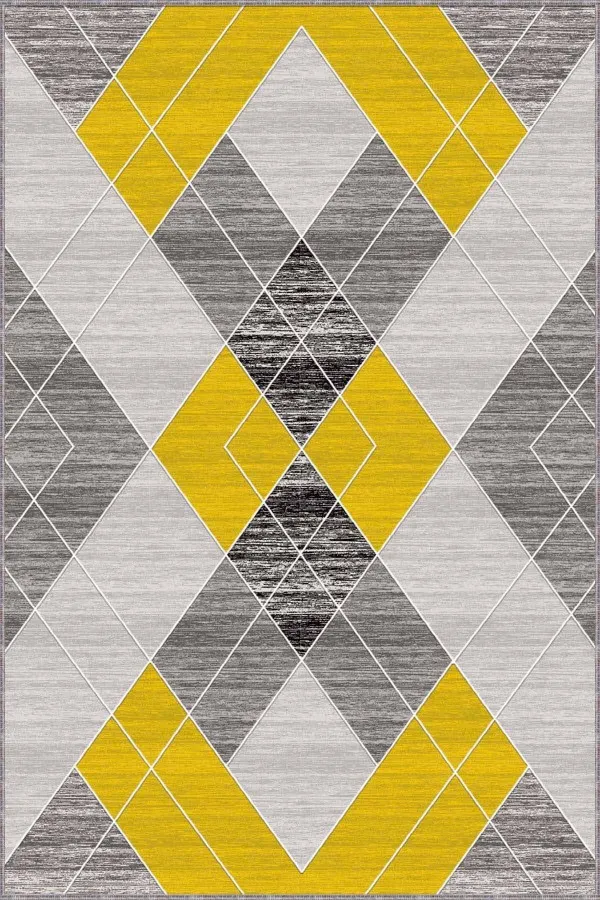 Sarı Geometrik Kaymaz Taban Makinede Yıkanabilir Halı DD002