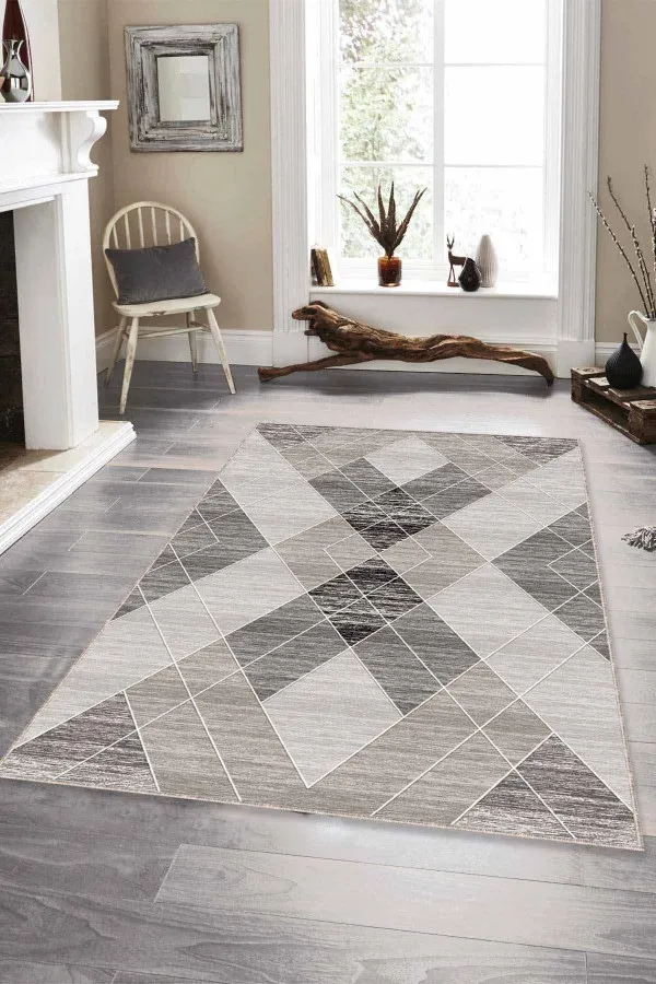Gri Zemine Uygun Halı Gri Geometrik Kaymaz Tabanlı Makinede Yıkanabilir Halı DD01