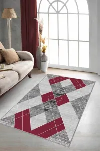Kırmızı Geometrik Kaymaz Tabanlı Dekoratif Halı DD06 Kırmızı Geometrik Kaymaz Tabanlı Dekoratif Halı DD06