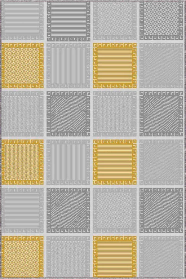 Gri Sarı Halı Modelleri Sarı Geometrik Kaymaz Taban Makinede Yıkanabilir Halı DM001