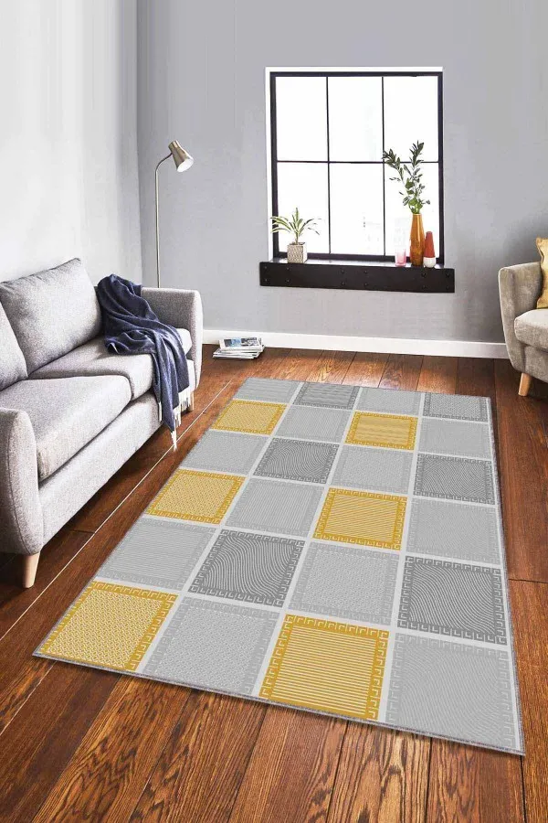 Gri Sarı Halı Modelleri Sarı Geometrik Kaymaz Taban Makinede Yıkanabilir Halı DM001