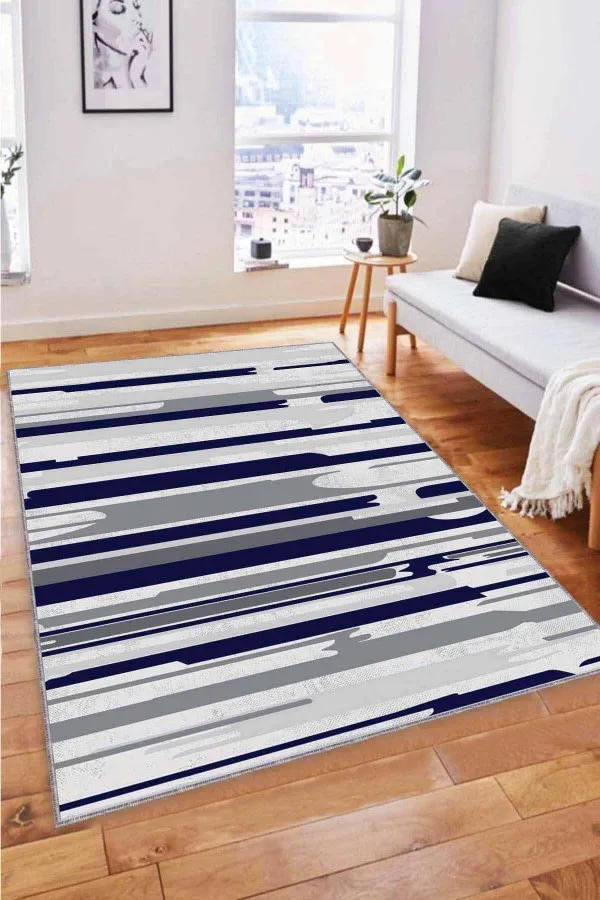 Lacivert Gri Halı Modelleri Lacivert Spor Kaymaz Tabanlı Makinede Yıkanabilir Halı FH04