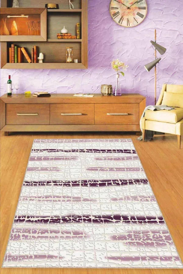 Mürdüm Beyaz Halı Modelleri Mürdüm Spor Kaymaz Tabanlı Makinede Yıkanabilir Halı FL05