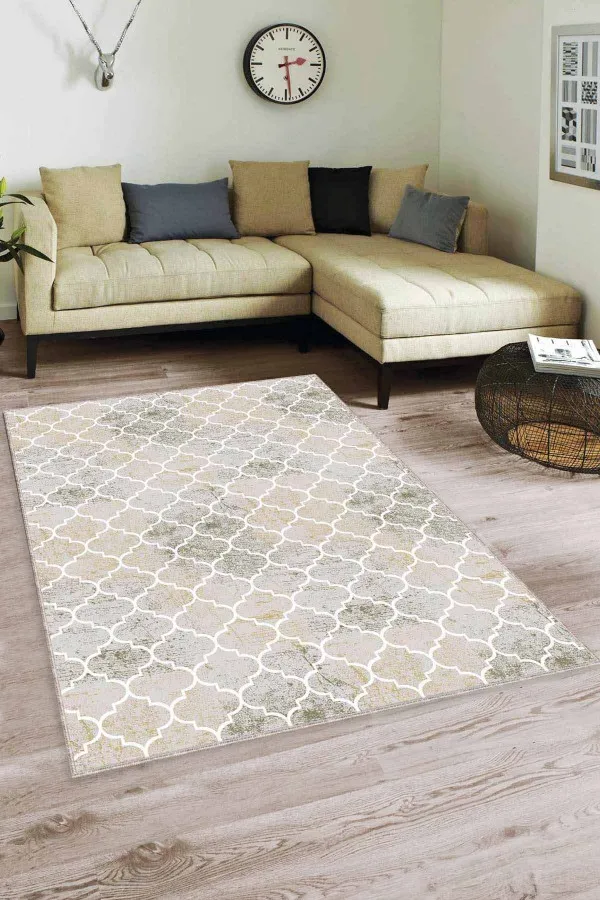 Yeşil Gri Halı Modelleri Yeşil Fas Desen Kaymaz Taban Makinede Yıkanabilir Halı FS01