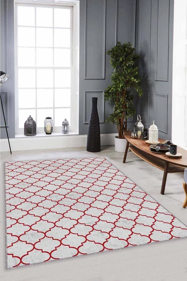 Halı Bordo Bordo Fas Desen Kaymaz Taban Makinede Yıkanabilir Halı FS08