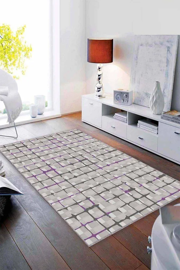 Mor Gri Halı Modelleri Mor Spor Kaymaz Tabanlı Makinede Yıkanabilir Halı FV004
