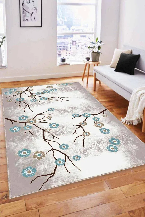 Turkuaz Krem Halı Turkuaz Çiçekli Kaymaz Taban Makinede Yıkanabilir Halı FW002
