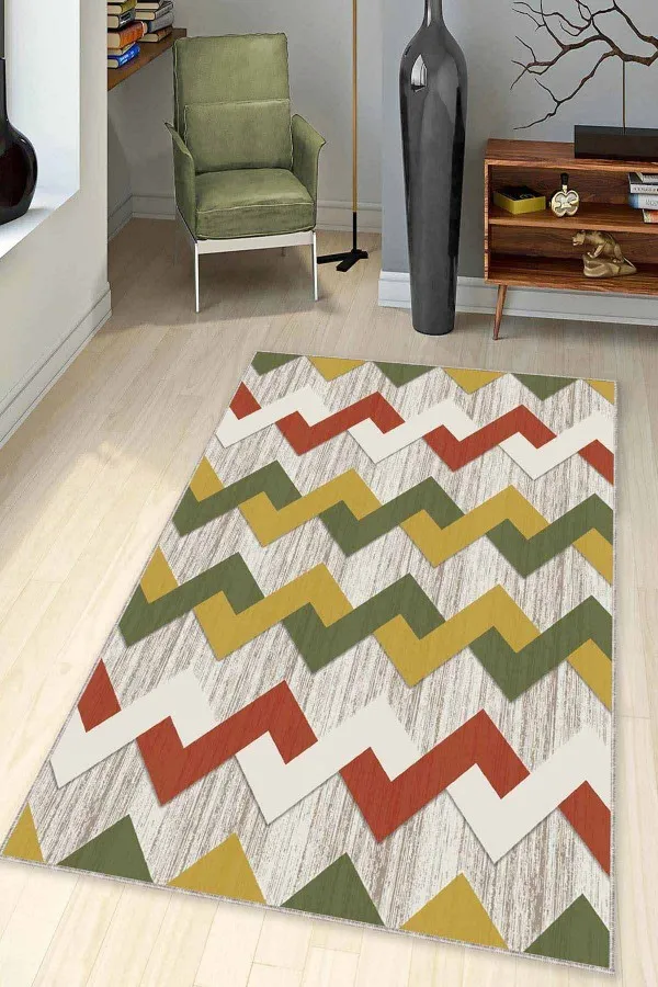 Turuncu Yeşil Halı Yeşil Sarı Tarçın Zigzag Kaymaz Tabanlı Dekoratif Halı KN004