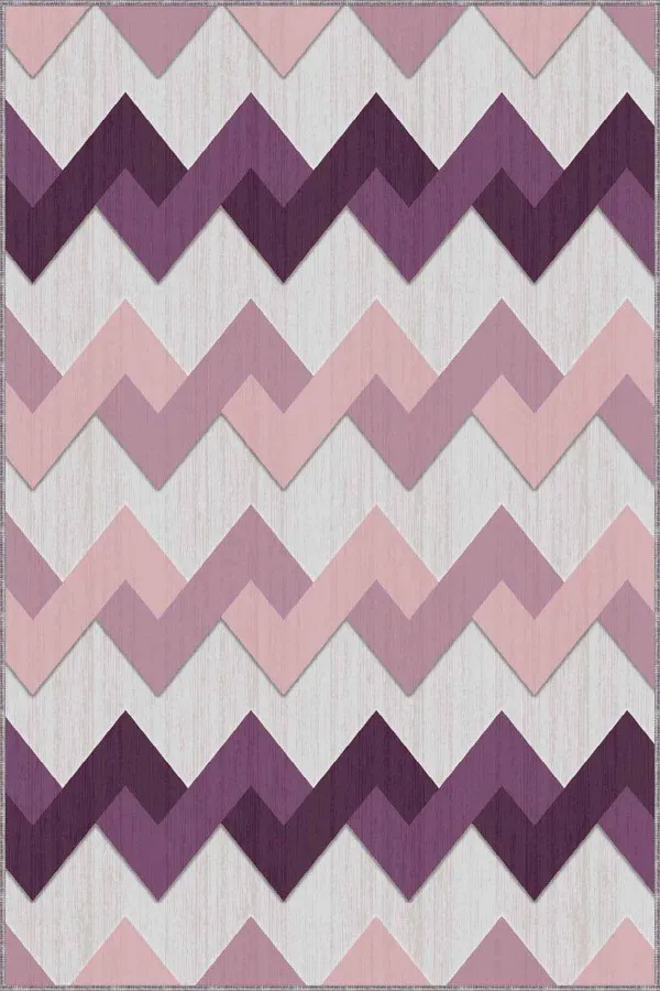 Mor Pembe Halı Mor Zigzag Kaymaz Tabanlı Makinede Yıkanabilir Halı KN005