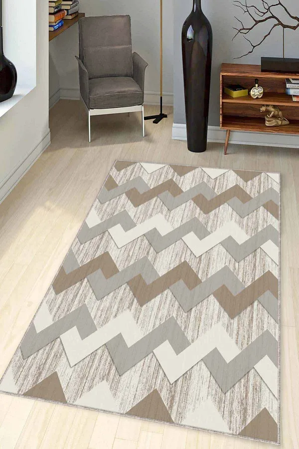 Bej Rengi Koltuğa Uygun Halı Bej Zigzag Kaymaz Tabanlı Makinede Yıkanabilir Halı KN007