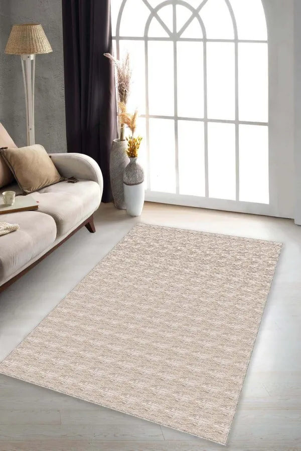 Bej Rengi Halı Modelleri Bej Sade Desensiz Kaymaz Tabanlı Dekoratif Halı KRM056
