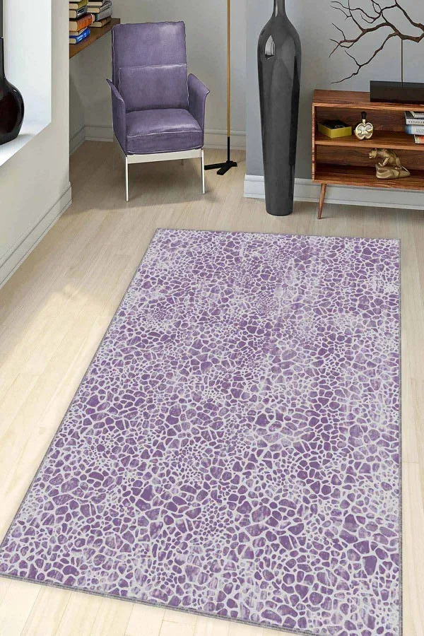 Mor Gri Halı Modelleri Mor Leopar Kaymaz Tabanlı Makinede Yıkanabilir Halı LE005