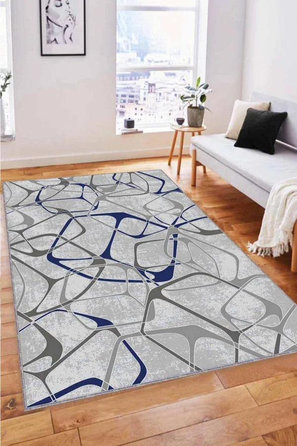 Lacivert Gri Halı Modelleri Lacivert Geometrik Kaymaz Tabanlı Dekoratif Halı LK003