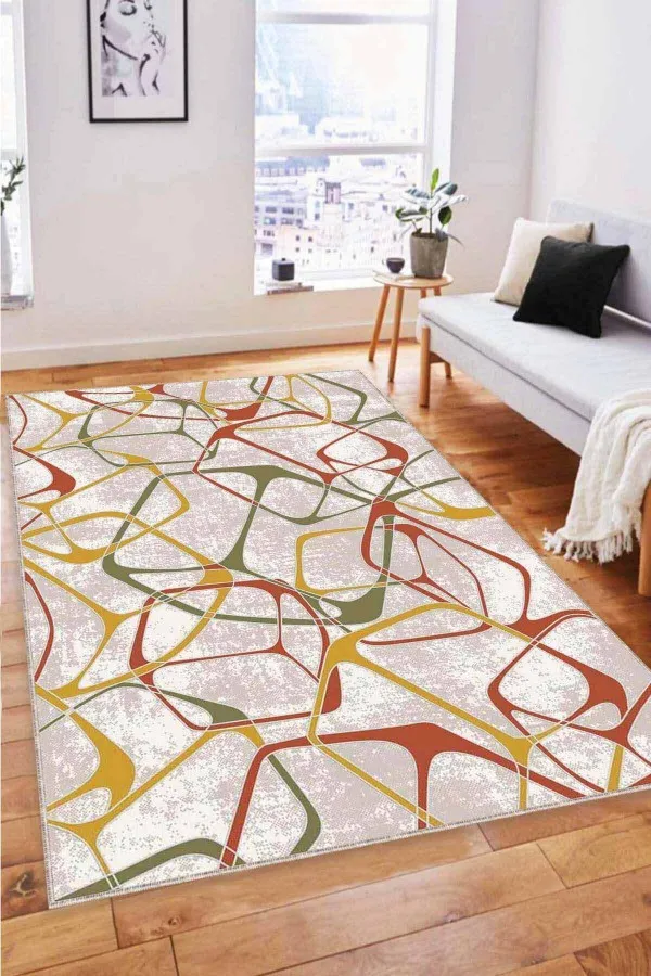 Turuncu Yeşil Halı Yeşil Tarçın Geometrik Kaymaz Tabanlı Dekoratif Halı LK007