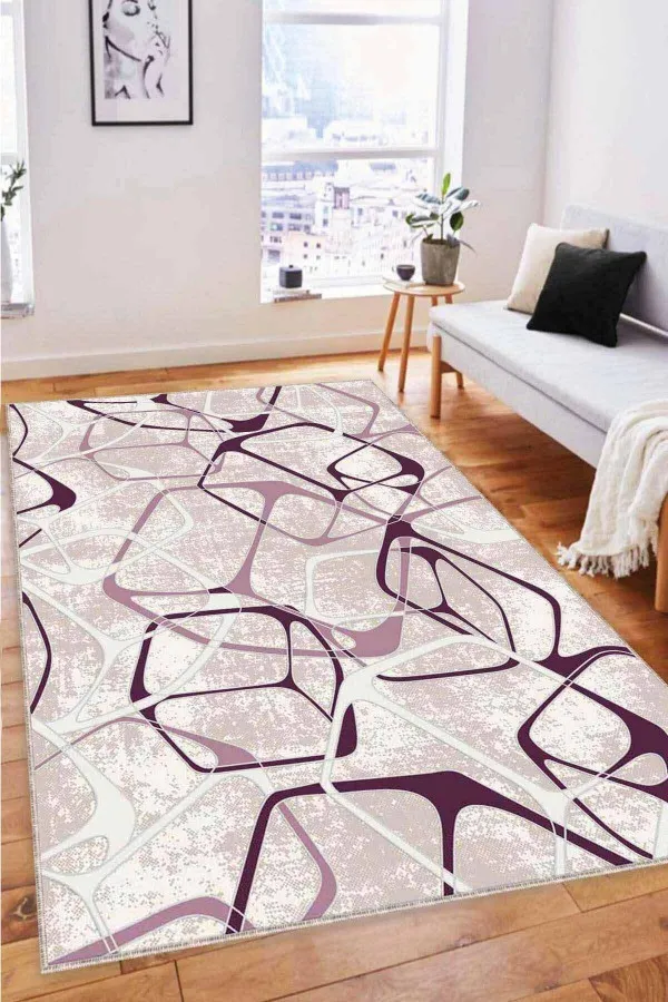 Mürdüm Beyaz Halı Modelleri Mürdüm Geometrik Kaymaz Tabanlı Dekoratif Halı LK009
