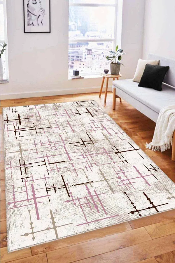 Pudra Rengi Koltuğa Uygun Halı Pembe Vintage Kaymaz Tabanlı Makinede Yıkanabilir Halı MN04